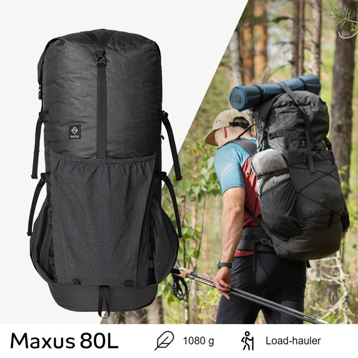 Bonfus Maxus 80L ultralight pack weight specifications - featherlight DCF Dyneema composite backpack weight callout