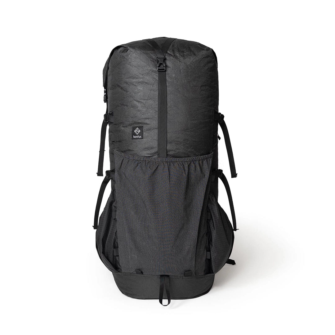 Bonfus Maxus 80L ultralight pack front view - large mesh front pocket and compression system on DCF hiking backpack