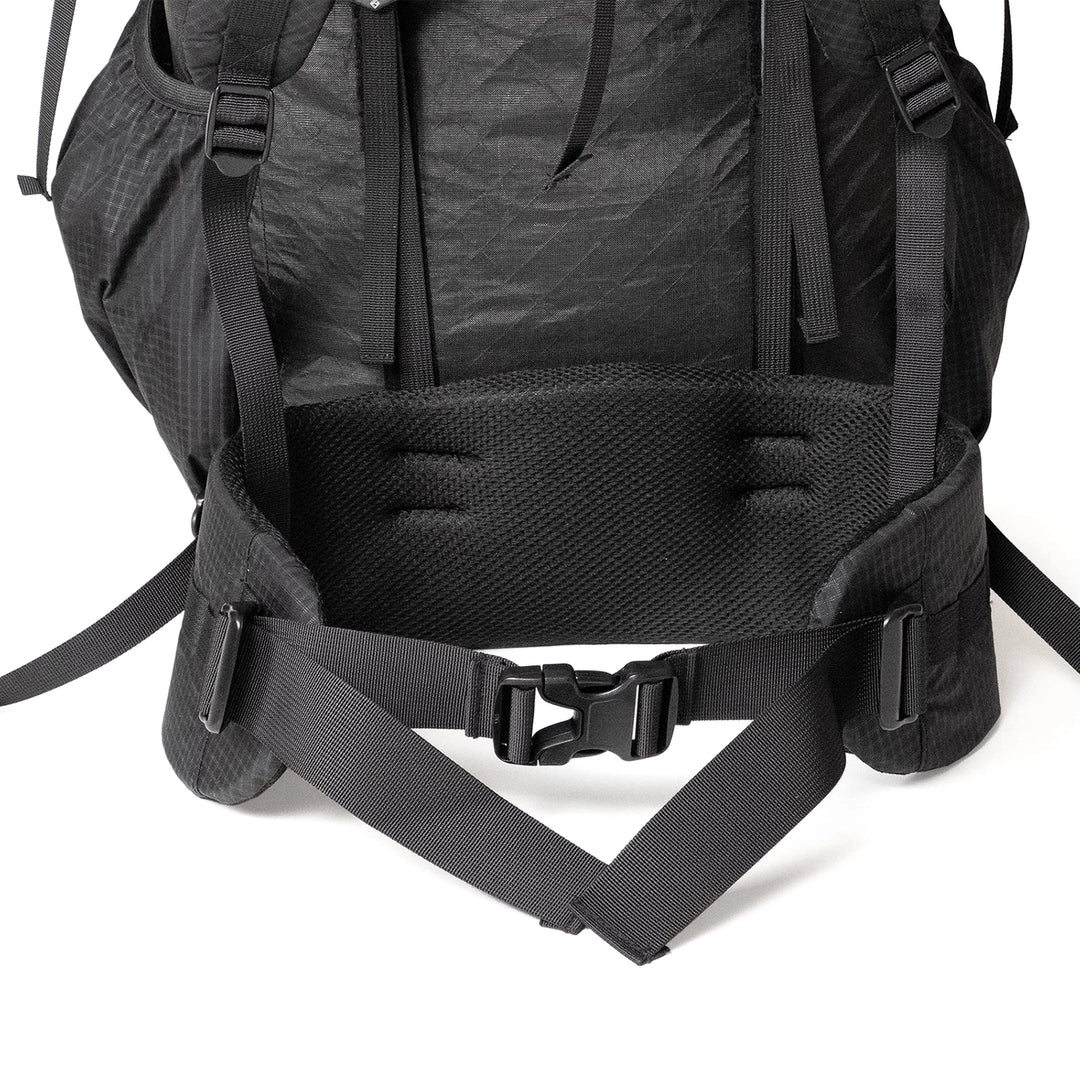 Bonfus Maxus 80L hip belt detail - padded removable hip belt with attachment points for pockets on ultralight pack