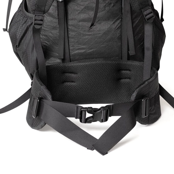 Bonfus Maxus 80L hip belt detail - padded removable hip belt with attachment points for pockets on ultralight pack