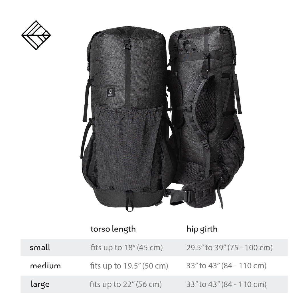 Bonfus Maxus 80L torso length sizing guide - available in Standard and Large sizes for custom fit
