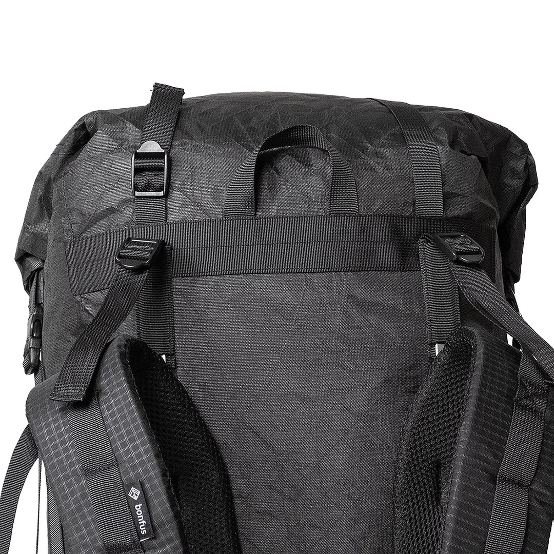 Bonfus Maxus 80L back panel detail - breathable padding and shock cord attachment system for foam pad