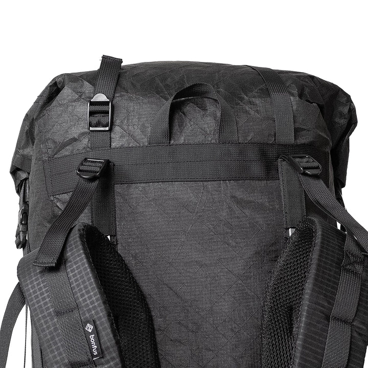 Bonfus Maxus 80L back panel detail - breathable padding and shock cord attachment system for foam pad