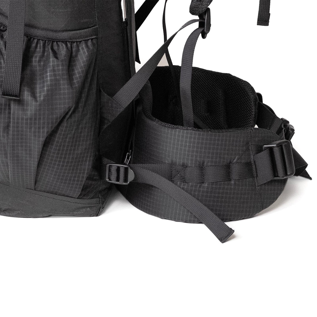 Bonfus Maxus 80L hip belt side view - ergonomic padded belt design for comfortable heavy load distribution