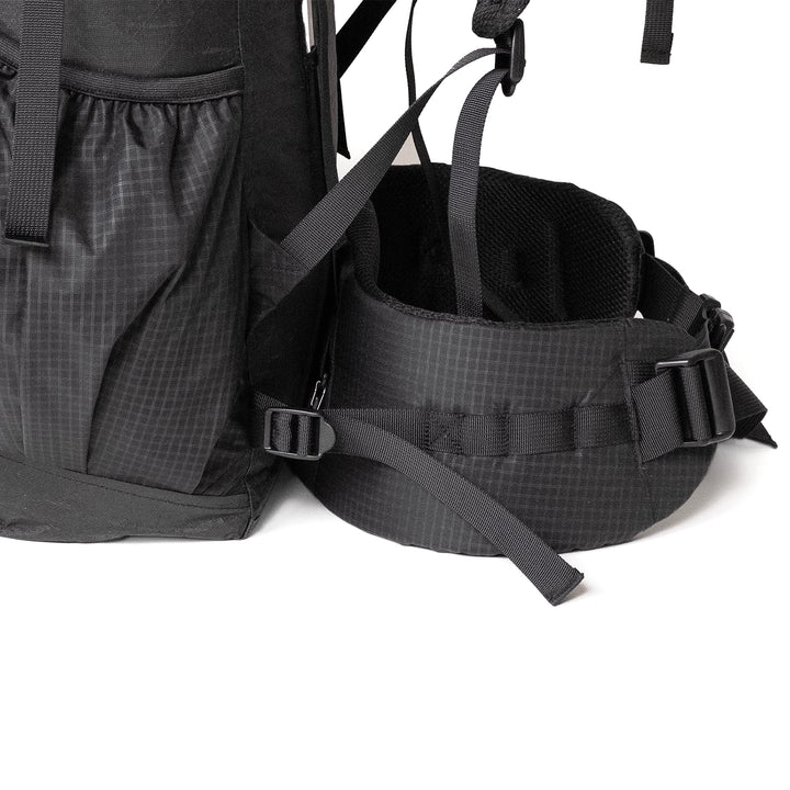 Bonfus Maxus 80L hip belt side view - ergonomic padded belt design for comfortable heavy load distribution