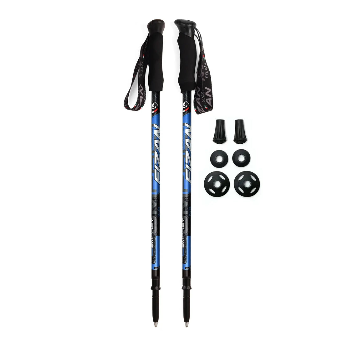 Fizan Compact 4 Trekking Poles with Blue graphics and handles, aluminum, twist lock poles, 5.6 oz each, lightweight, made in Italy