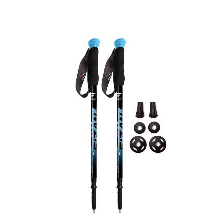 Fizan Compact 4 Trekking Poles with Blue graphics and handles, aluminum, twist lock poles, 6 oz each, lightweight, made in Italy