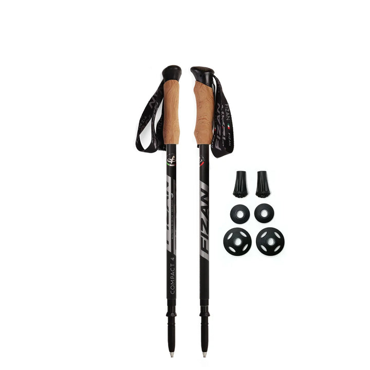 Fizan Compact 4 Trekking Poles with Black graphics and EVA Cork handles, aluminum, twist lock poles, 6 oz each, lightweight, made in Italy