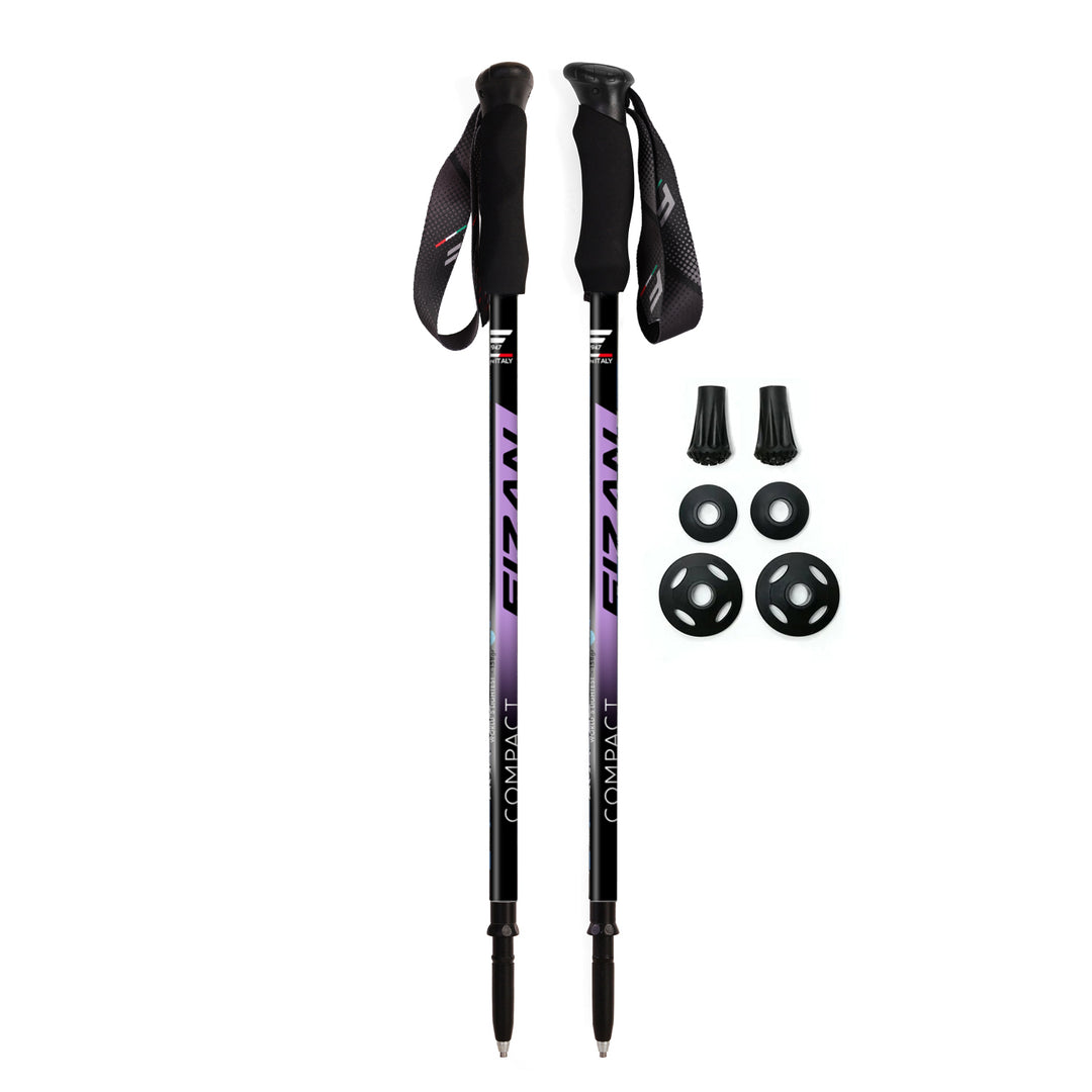 Fizan Compact 3 Trekking Poles with Violet graphics and handles, aluminum, twist lock poles, 5.6 oz each, lightweight, made in Italy