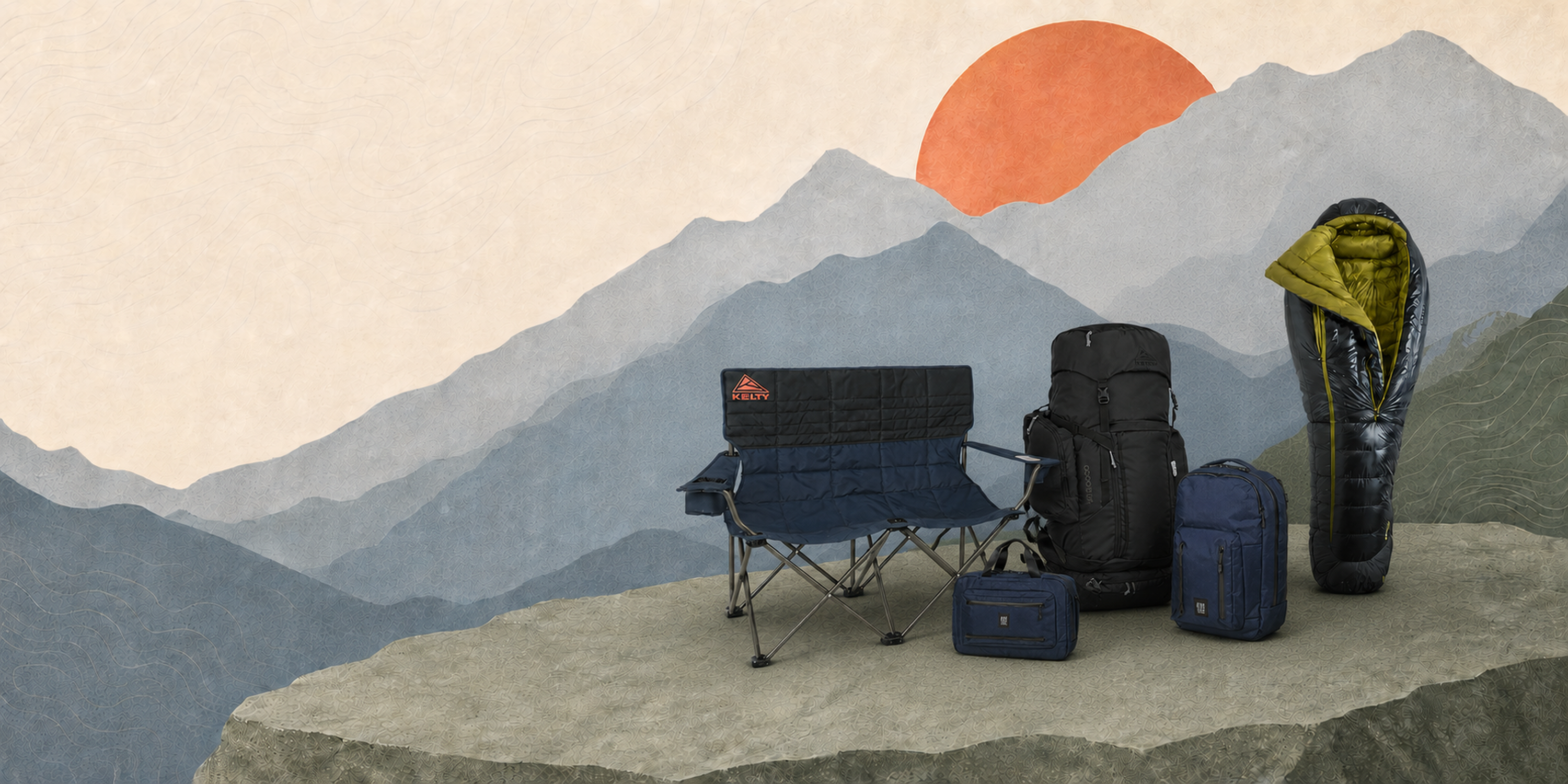 Outdoor camping gear set arranged on a cliff edge with layered mountain ranges and a large orange sun in the background. The set includes a dark blue folding camp chair, a black backpack, a blue backpack, a blue pouch, and a sleeping bag with a yellow-green hood.