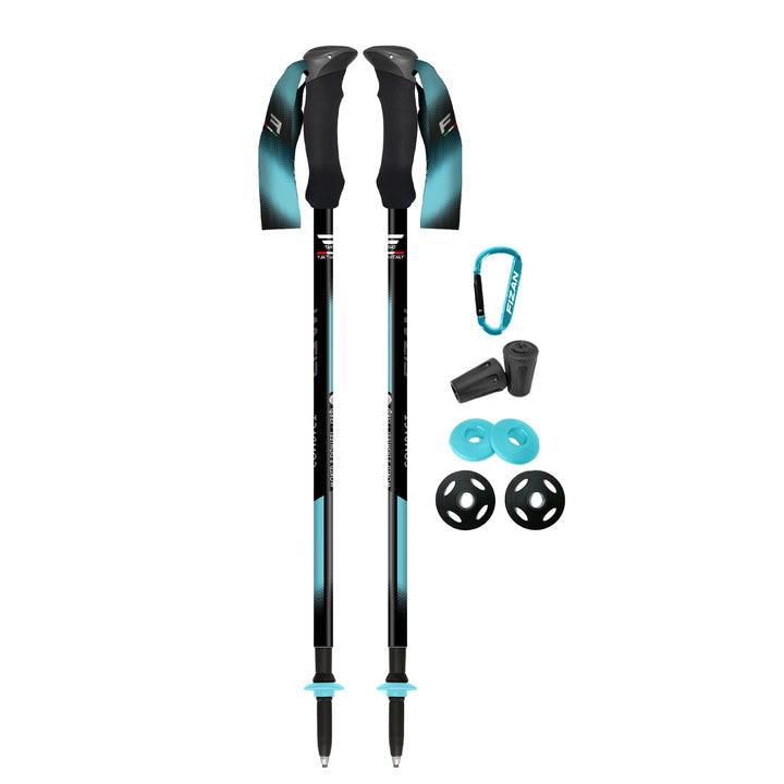 Fizan Compact 3 trekking poles, ultralight, 5.6 oz each with EVA cork Foam handle for camping, hiking, PCT, CDT, APT thru-hikes, graphics are blue with blue matching 35 mm basket