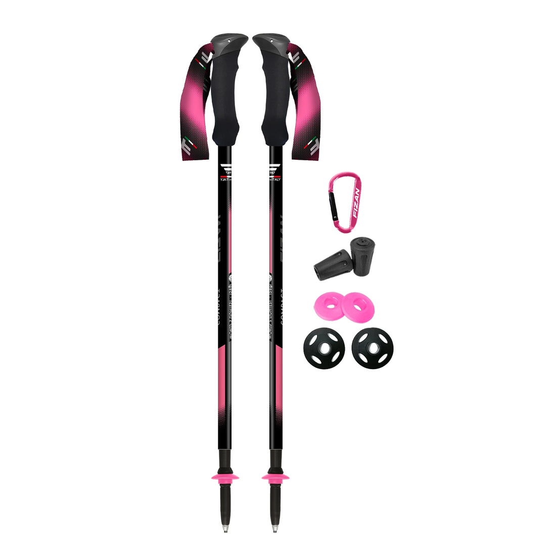 Fizan Compact 3 trekking poles, ultralight, 5.6 oz each with EVA Foam handle for camping, hiking, PCT, CDT, AT thru-hikes, graphics are Pink