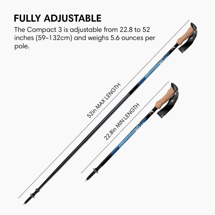 Fizan Compact 3 Adjustable trekking poles with measurements on white background lightweight at 5.6 ounces per pole