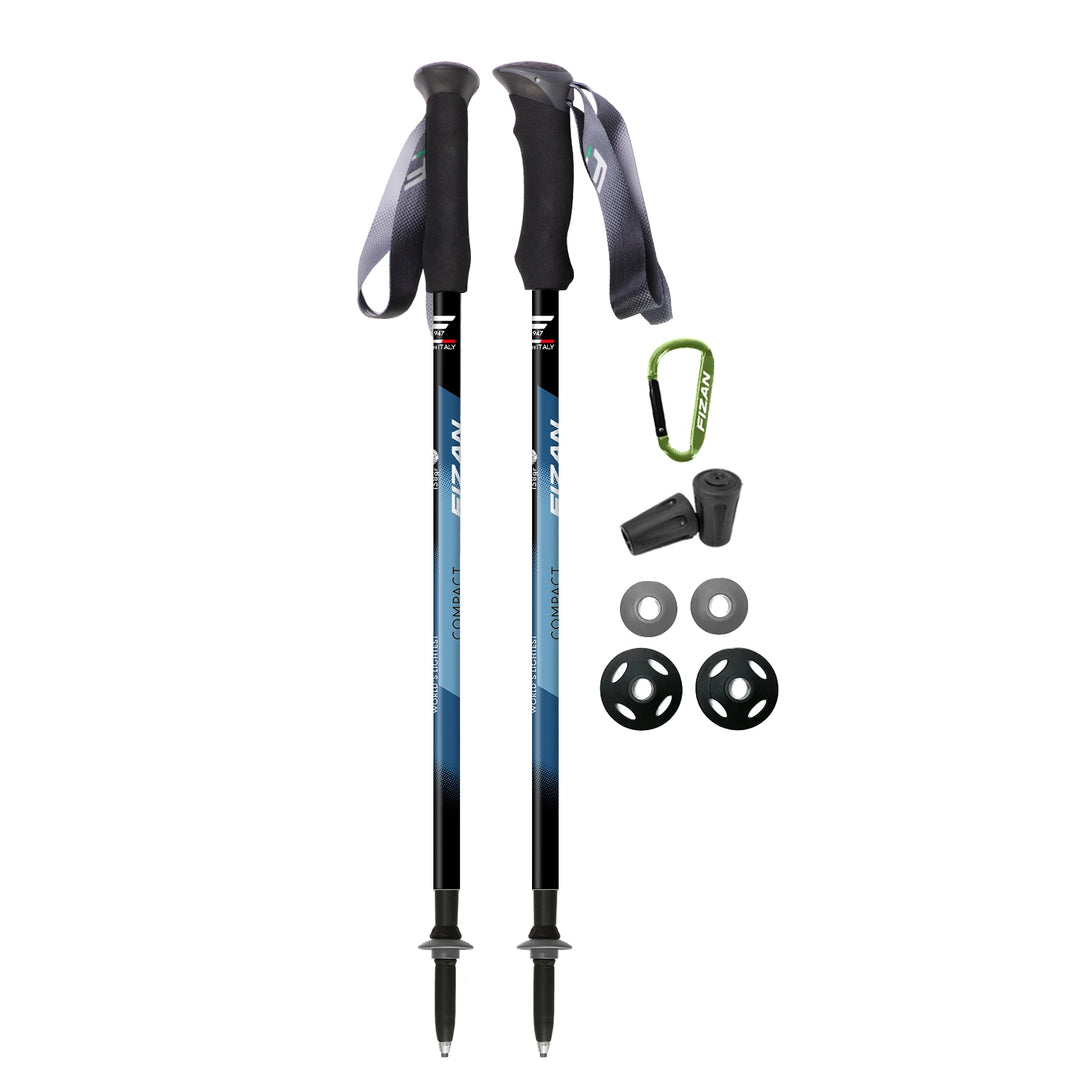 Fizan Compact 3 trekking poles, ultralight, 5.6 oz each with EVA Foam handle for camping, hiking, PCT, CDT, APT thru-hikes, graphics are blue