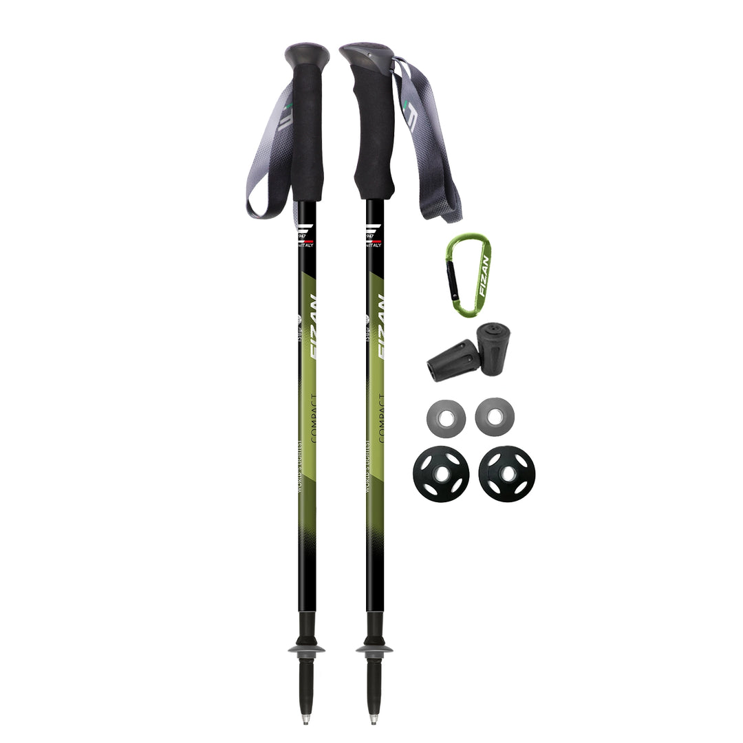 Fizan Compact 3 trekking poles, ultralight, 5.6 oz each with EVA cork Foam handle for camping, hiking, PCT, CDT, APT thru-hikes, graphics are green