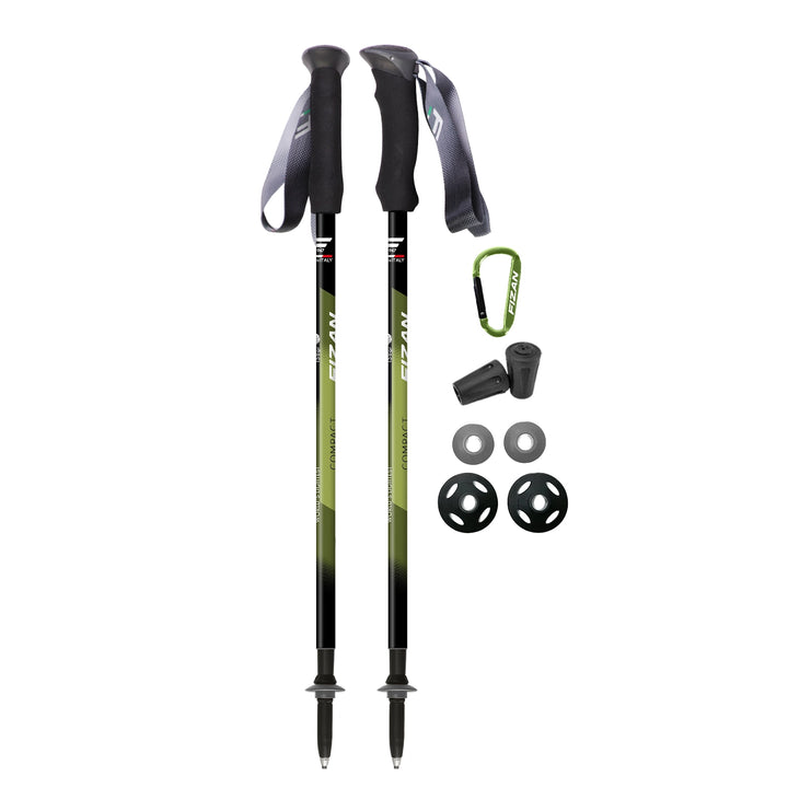 Fizan Compact 3 trekking poles, ultralight, 5.6 oz each with EVA cork Foam handle for camping, hiking, PCT, CDT, APT thru-hikes, graphics are green