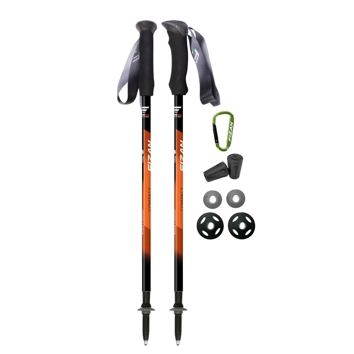 Fizan Compact 3 trekking poles, ultralight, 5.6 oz each with EVA cork Foam handle for camping, hiking, PCT, CDT, ADT thru-hikes, graphics are orange