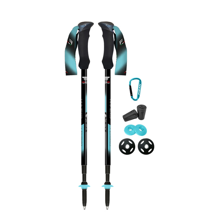 Fizan Compact 4 Trekking Poles with Blue graphics and handles, aluminum, twist lock poles, 6 oz each, lightweight, made in Italy