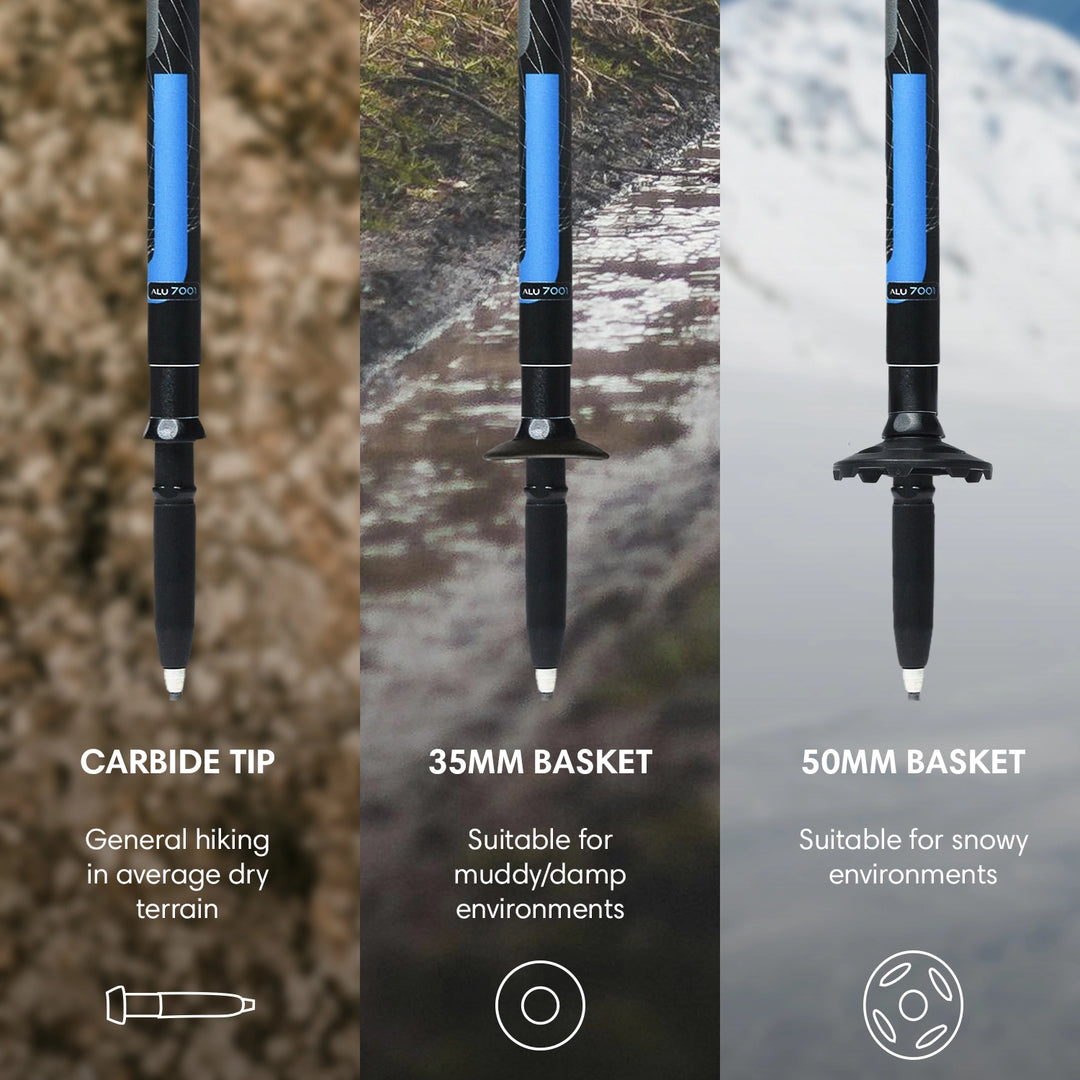 Fizan Compact 3 Tip and basket options, carbide tips, 35mm, and 50mm for all environments, ultrlaight trekking poles and walking sticks. 