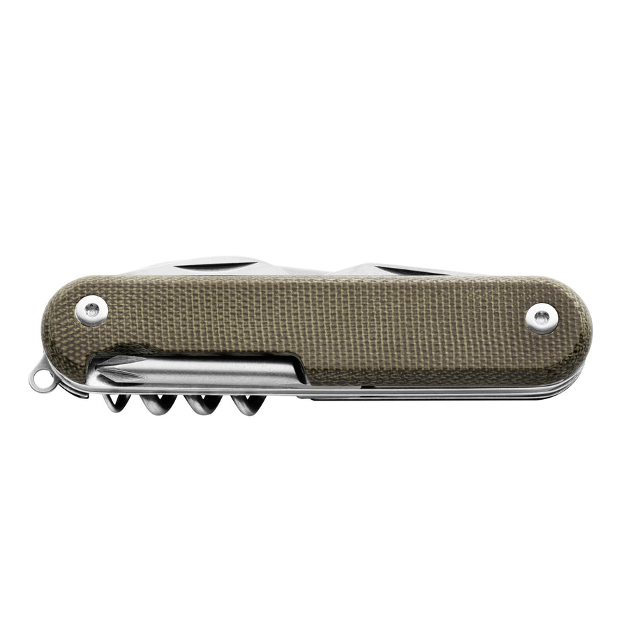 MKM CAMPO 7 Magnacut Multi-Tool CPM Magnacut Stonewashed Slipjoint Knife Micarta Green, front view