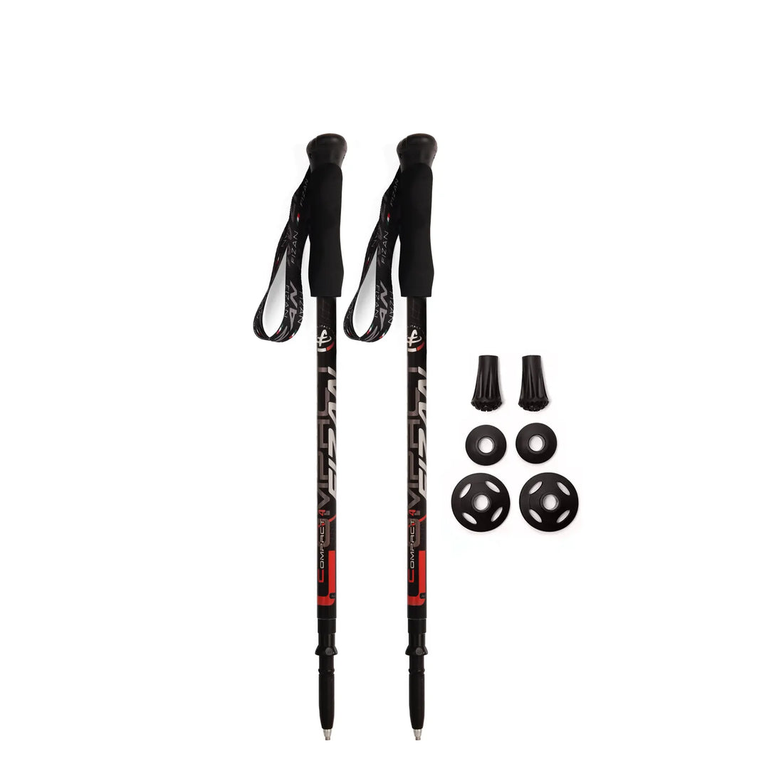 Fizan Compact 4 Trekking Poles with Red graphics and handles, aluminum, twist lock poles, 6 oz each, lightweight, made in Italy
