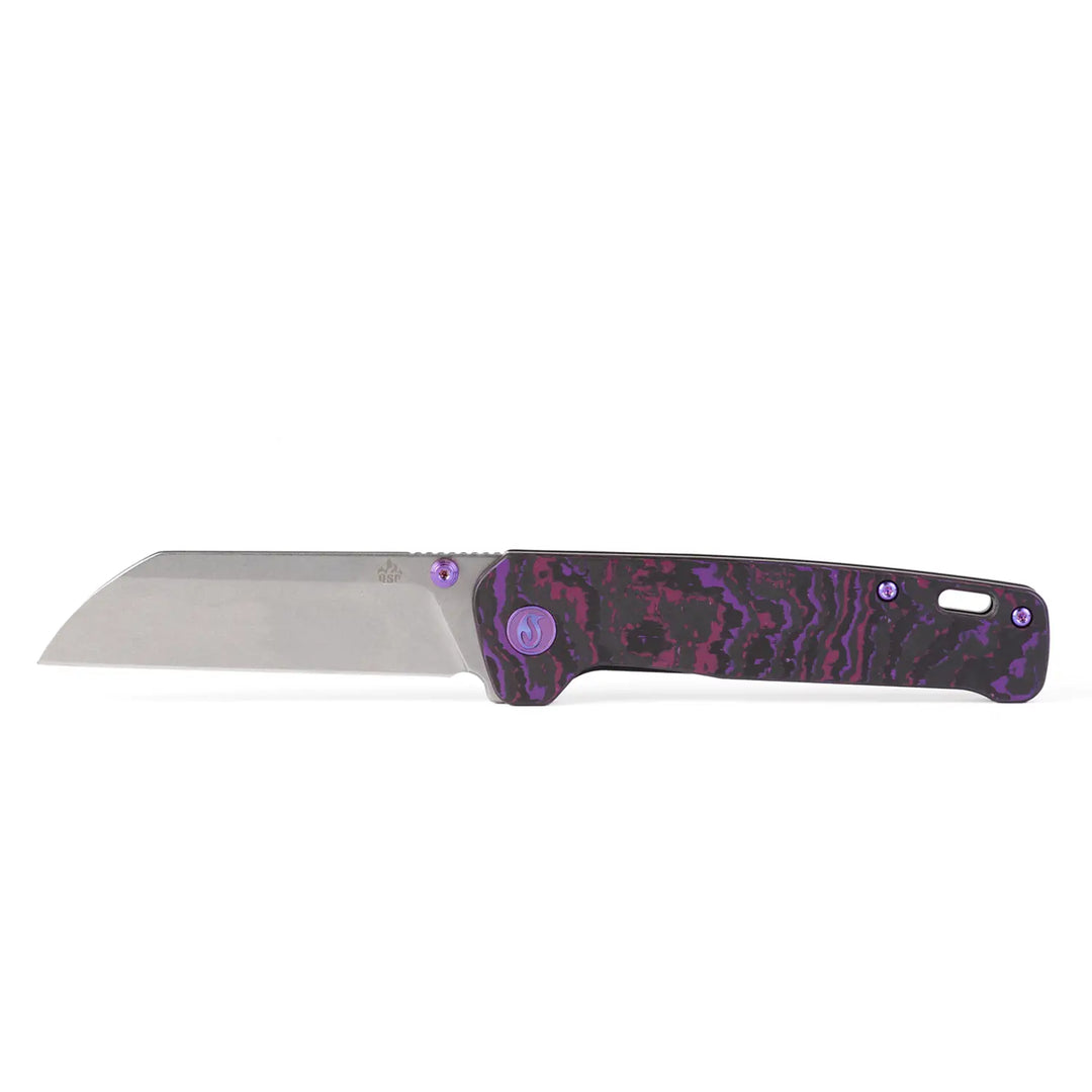 Kaviso x QSP Penguin FatCarbon with Purple Haze Cross-cut Scales and SuperClean Elmax Stonewashed Blades with Titanium Frame Lock (Open)
