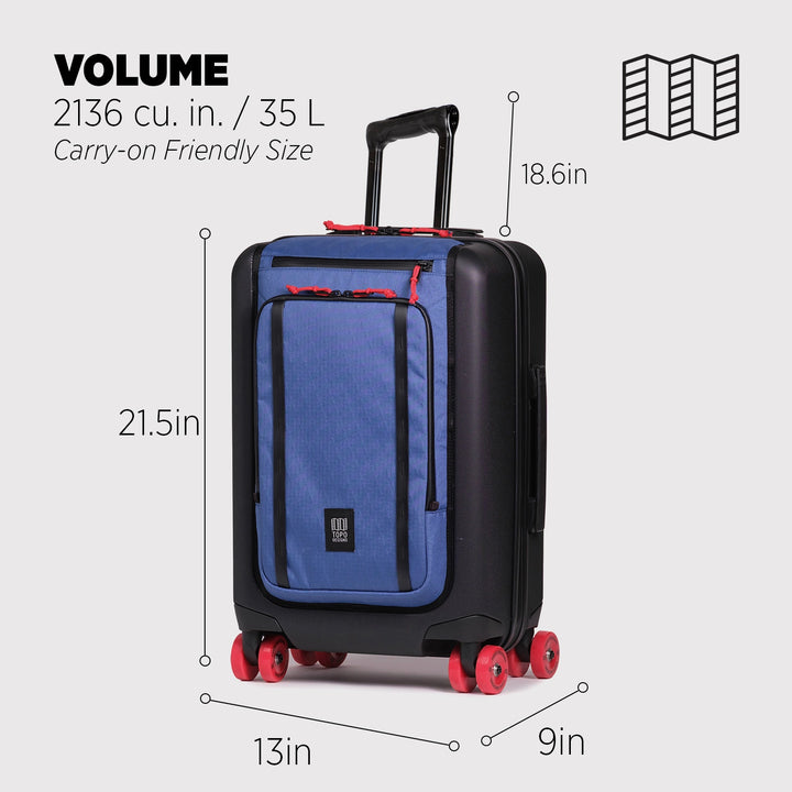 Topo Designs Global Pro Travel Roller showing 35-liter capacity and 21.5 by 13 by 9-inch dimensions