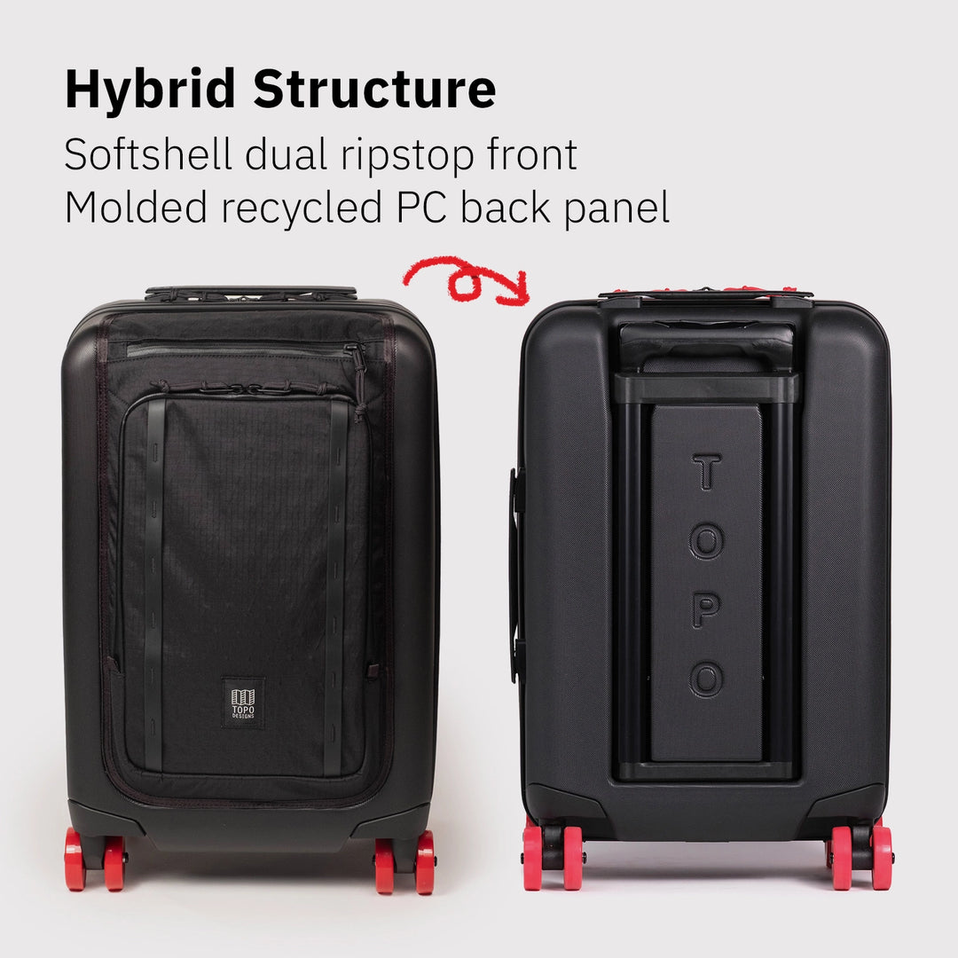 Topo Designs Global Pro Travel Roller showing softshell dual ripstop front and molded recycled PC back panel