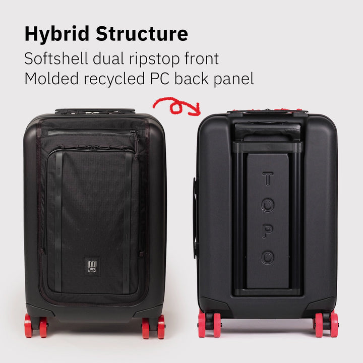 Topo Designs Global Pro Travel Roller showing softshell dual ripstop front and molded recycled PC back panel