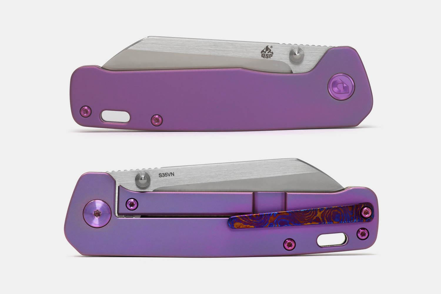 Drop + QSP Penguin Purple Titanium with Mokuti Clip Frame Lock S35VN Blade Steel from Kaviso