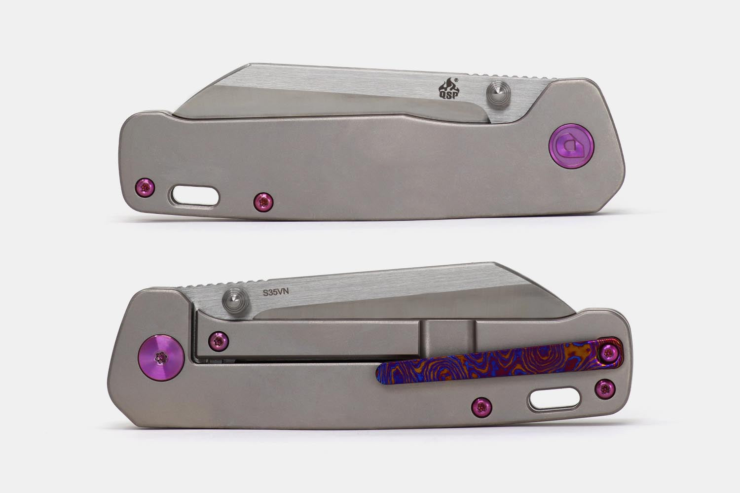 Drop + QSP Penguin Silver with Purple Titanium Frame Lock S35VN Blade Steel from Kaviso