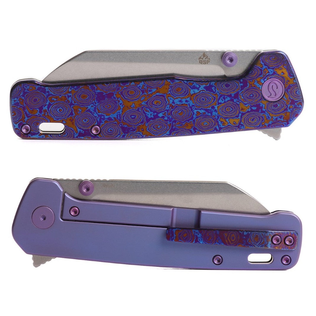 Kaviso x QSP Penguin Plus S35VN Pocket Knife with Mokuti Scales, Stonewashed Blade, frame lock, with purple Ti clip side, mokuti clip, and Purple Anodized Hardware and Exclusive Penguin Pivot
