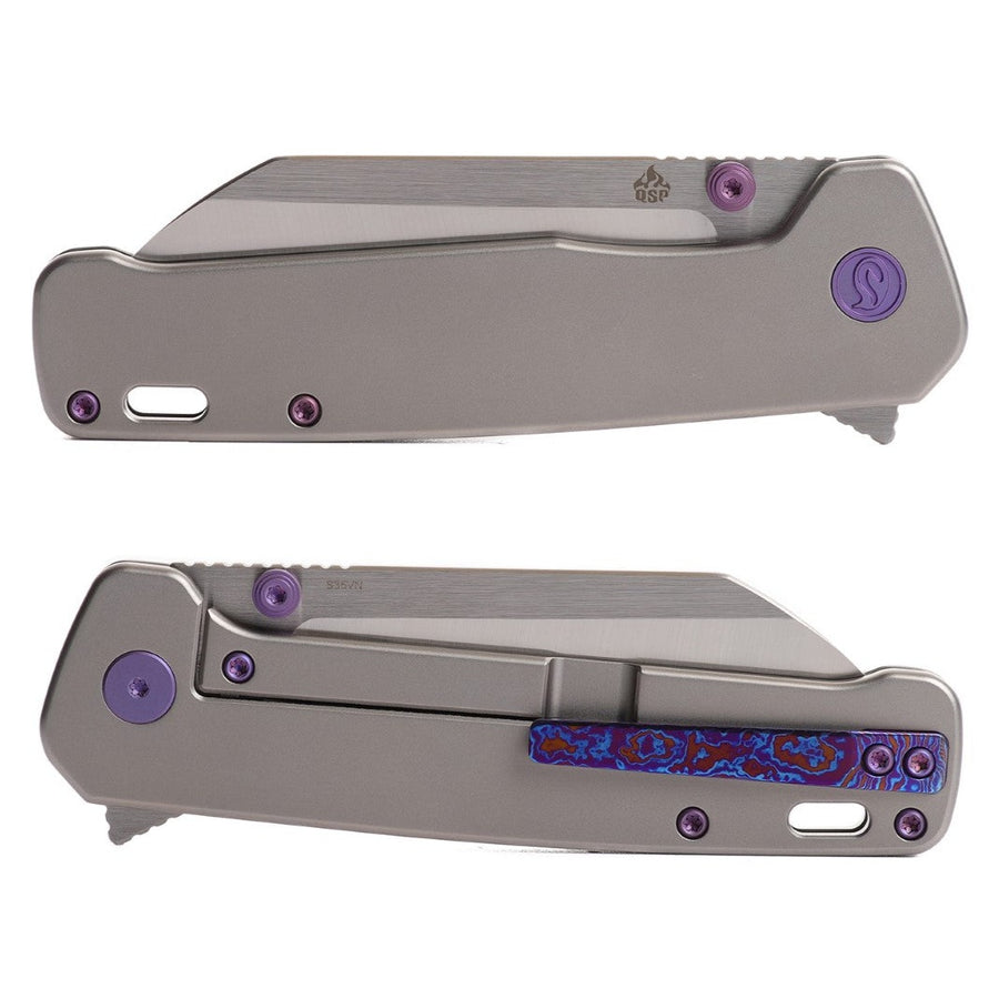 Kaviso x QSP Penguin Plus S35VN Pocket Knife with Silver Titanium Frame Lock Scales, Satin Blade, frame lock, with silver Ti clip side, mokuti clip, and Purple Anodized Hardware and Exclusive Penguin Pivot
