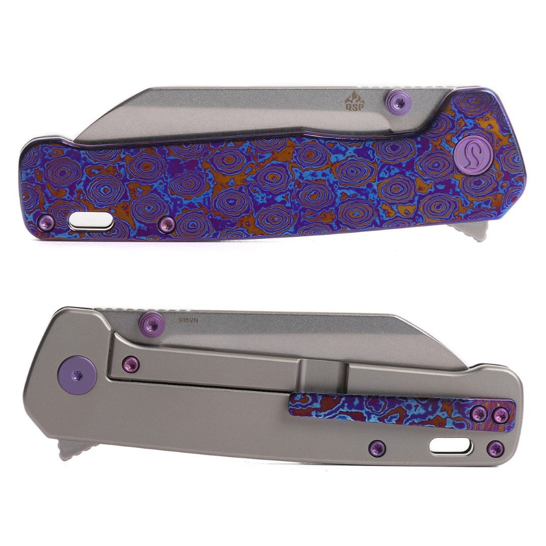 Kaviso x QSP Penguin Plus S35VN Pocket Knife with Mokuti Scales, Stonewashed Blade, frame lock, with silver Ti clip side, mokuti clip, and Purple Anodized Hardware and Exclusive Penguin Pivot