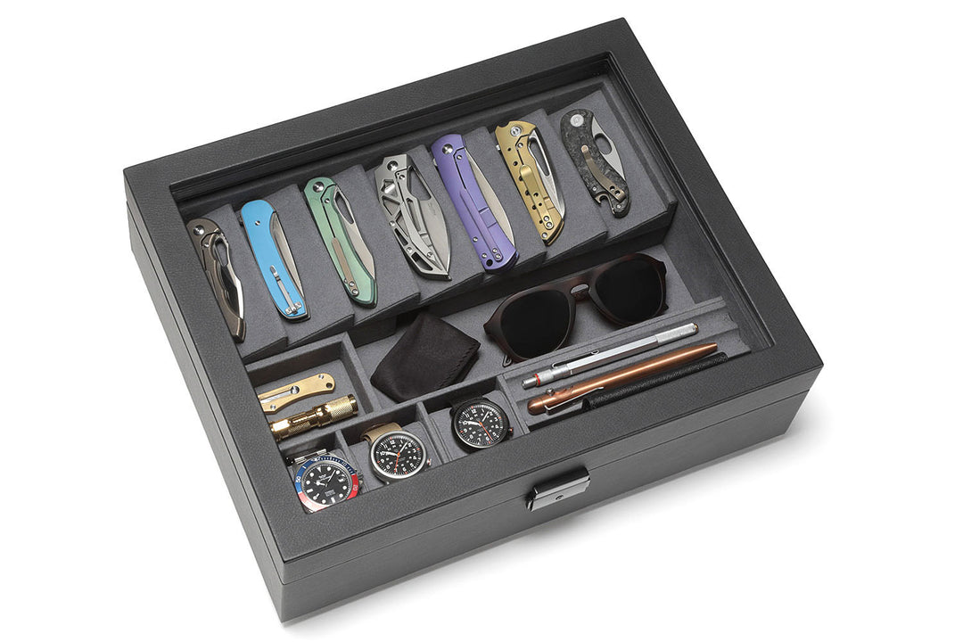 Kaviso Cache Display Valet for EDC, Watch Case, Knife Case, Bedside Stand, Pocket Dump, Secret compartment, Phone charger, Phone Valet