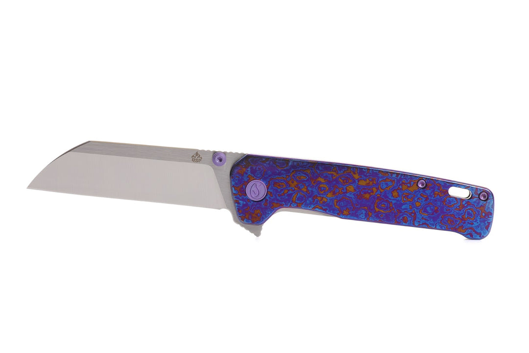 Kaviso x QSP Penguin Plus S35VN Pocket Knife with Mokuti Scales, Satin Blade, and Purple Anodized Hardware and Exclusive Penguin Pivot