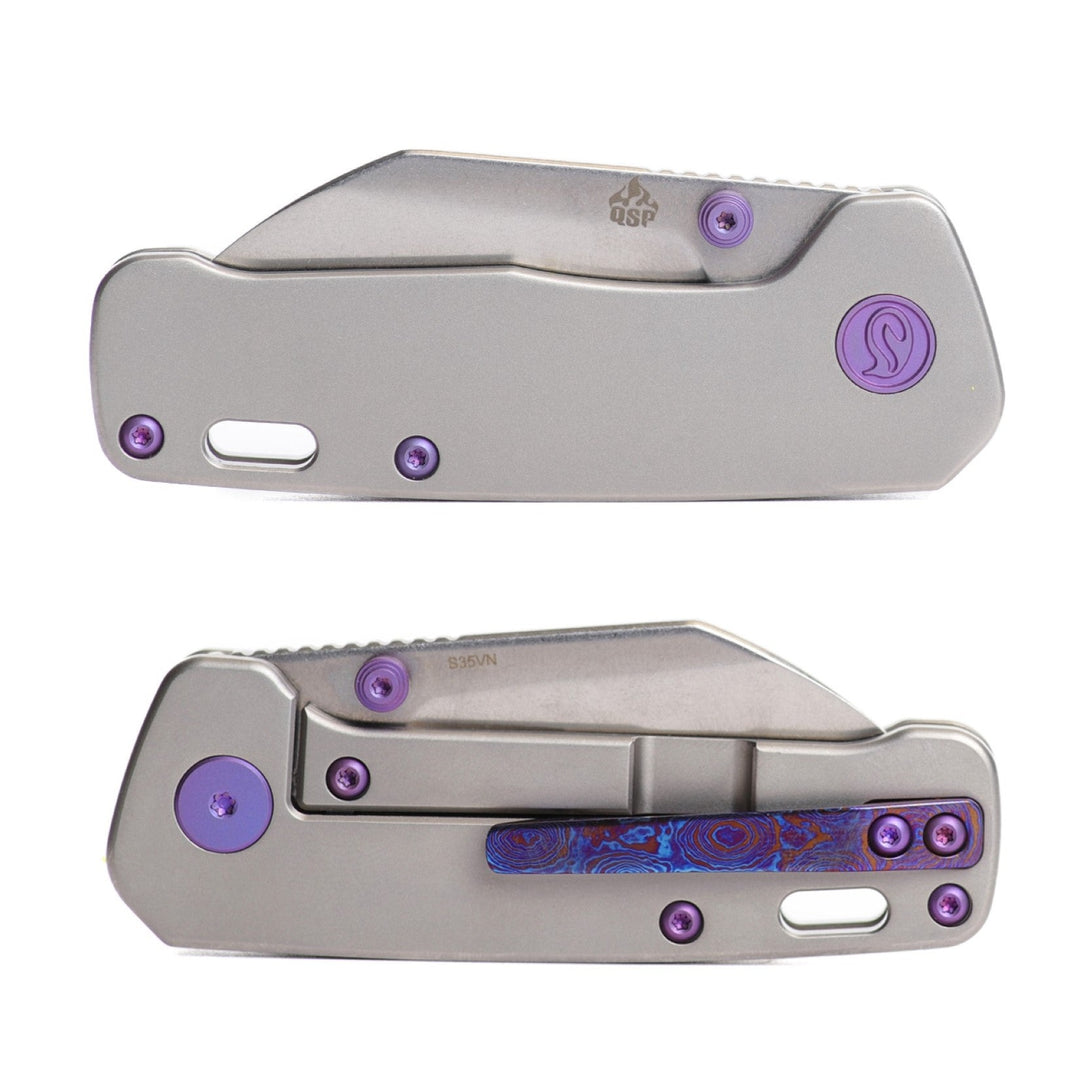 Kaviso x QSP Penguin Mini, Titanium Frame Lock, Stonewashed S35VN Blade, Pocket Knife for EDC Every Day Carry with Mokuti Clip