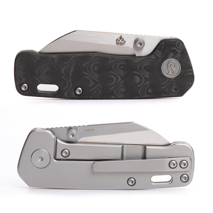 Kaviso x QSP Penguin Mini, Titanium Frame Lock, Satin S35VN Blade, Pocket Knife for EDC Every Day Carry with Marbled Carbon Fiber