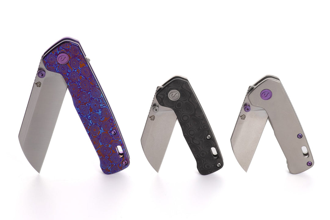 Kaviso x QSP Penguin Plus and Penguin Mini S35VN Pocket Knife with Mokuti Scales, Satin or stonewashed Blade, and Purple Anodized Hardware and Exclusive Penguin Pivot