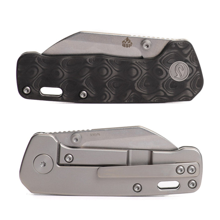 Kaviso x QSP Penguin Mini, Titanium Frame Lock, Stonewashed S35VN Blade, Pocket Knife for EDC Every Day Carry with marbled carbon fiber