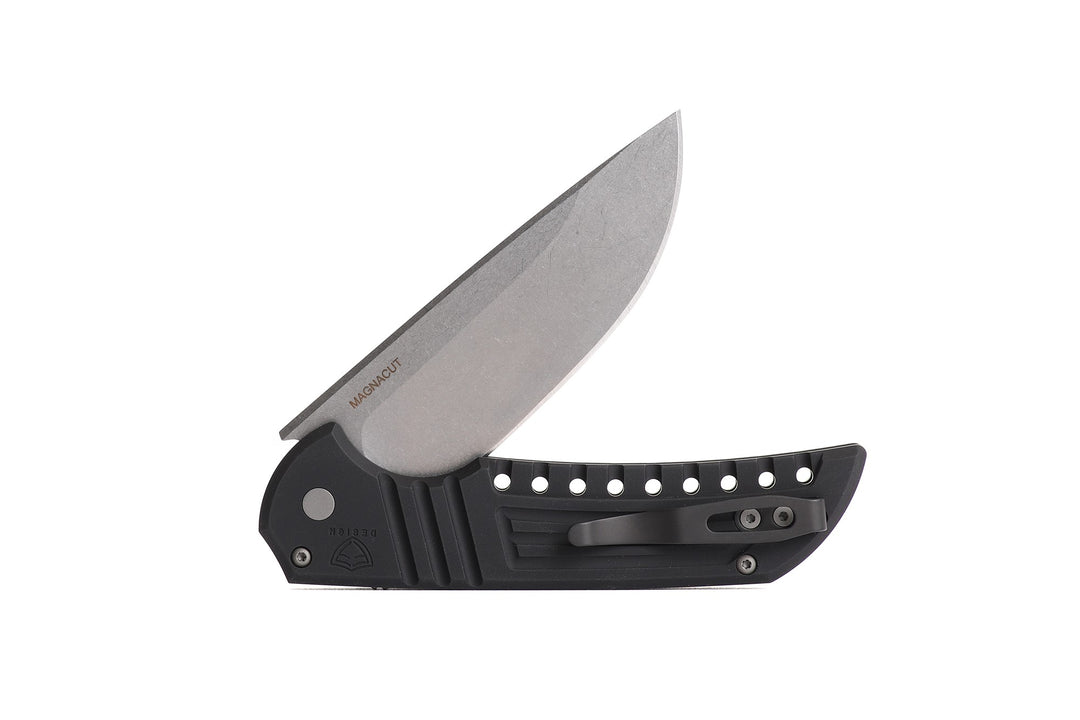 Pro-Tech Mordax designed by Ferrum Forge Aluminum textured Handles with CPM Magnacut Blade Steel and button lock