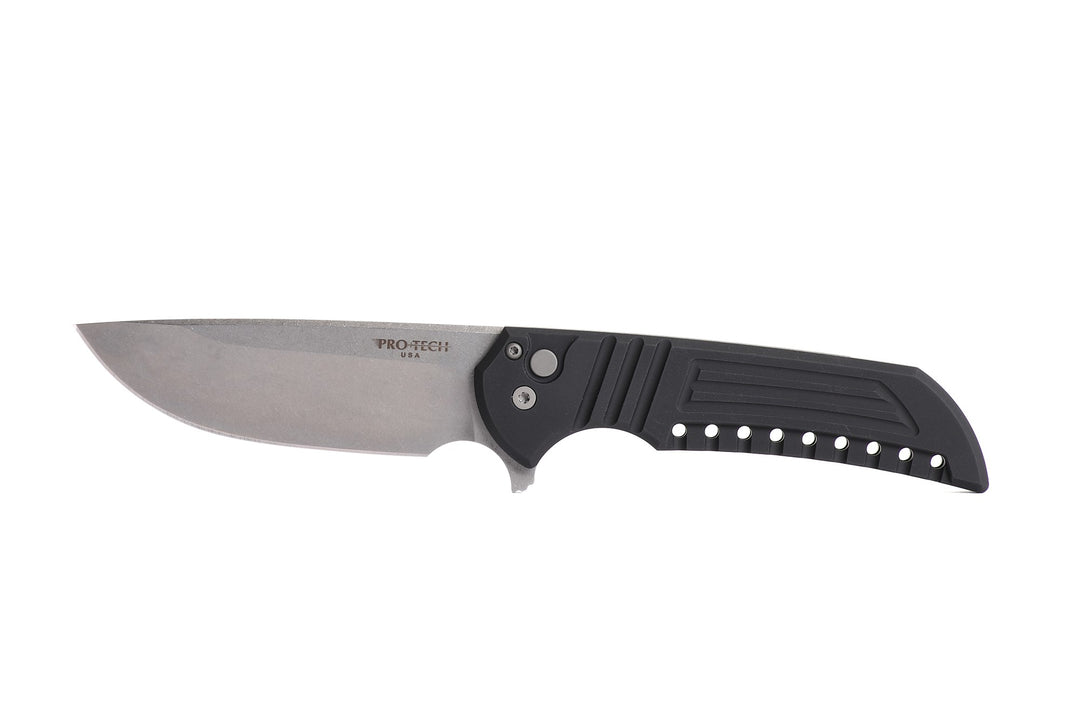 Pro-Tech Mordax designed by Ferrum Forge Aluminum textured Handles with CPM Magnacut Blade Steel and button lock