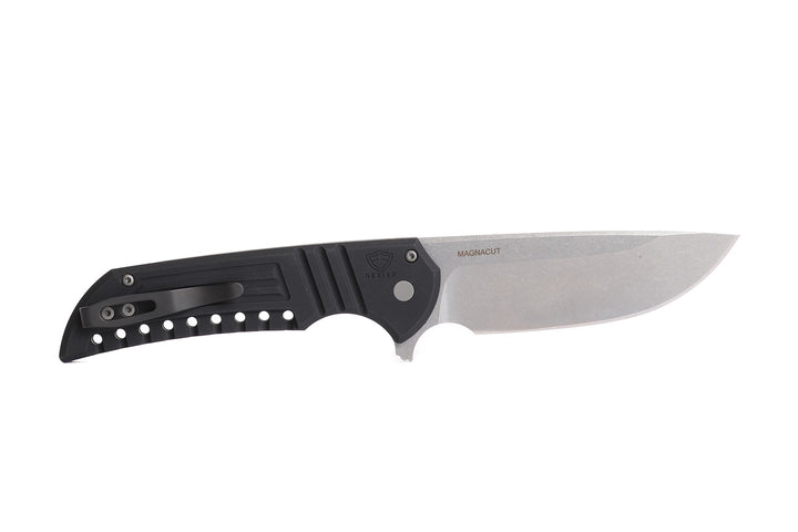 Pro-Tech Mordax designed by Ferrum Forge Aluminum textured Handles with CPM Magnacut Blade Steel and button lock