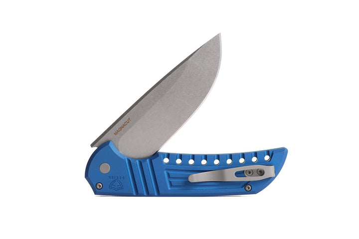 Pro-Tech Mordax designed by Ferrum Forge Aluminum textured Handles with CPM Magnacut Blade Steel and button lock