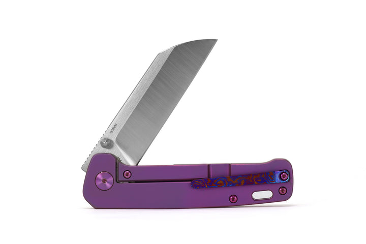 Drop + QSP Penguin Mokuti Clip and Purple Titanium Frame Lock S35VN Folding Pocket Knife for Every Day Carry