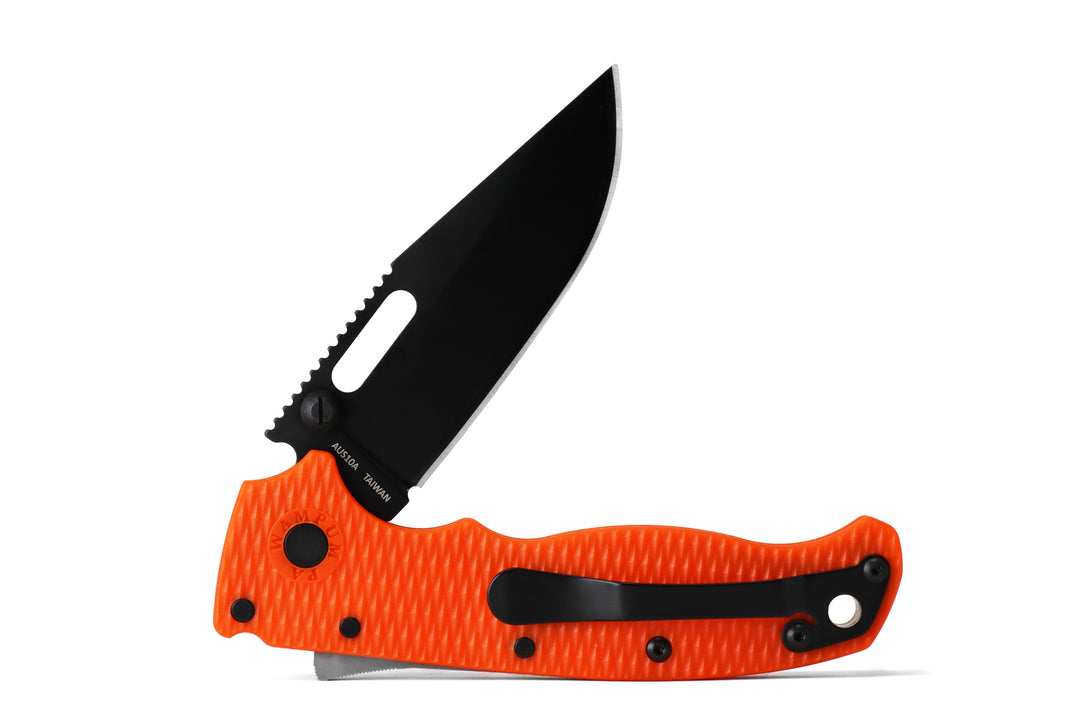 Demko AD 20.5 Shark Lock, Black DLC Blade, Orange Scales