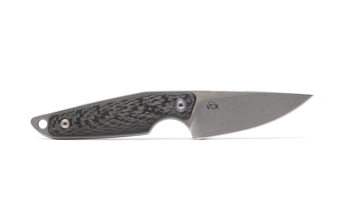 MKM MAKRO 1 Drop Point M390 Carbon Fiber Fixed Blade Knife with Leather Sheath by Jesper Vox