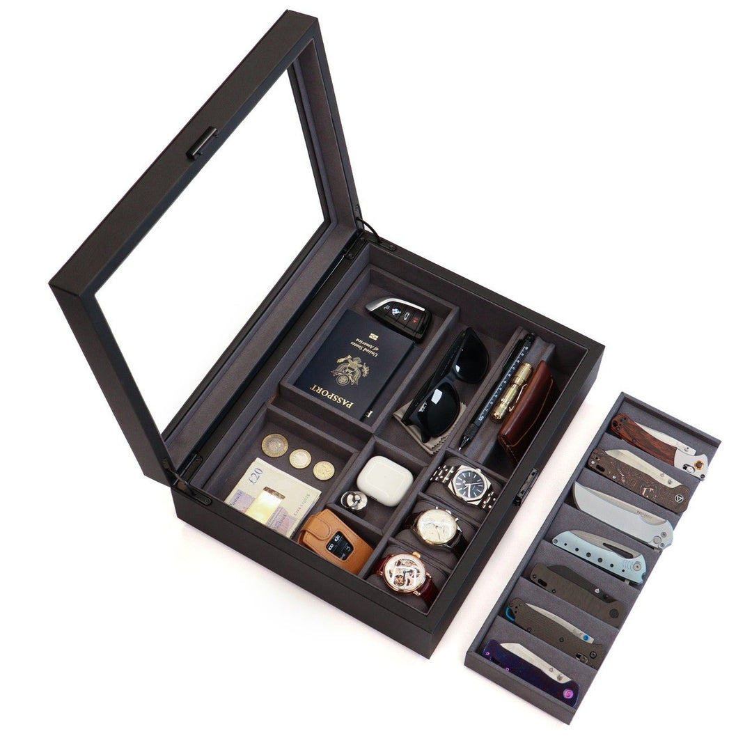 Kaviso Cache Display Valet for EDC, Watch Case, Knife Case, Bedside Stand, Pocket Dump, Secret compartment, Phone charger, Phone Valet