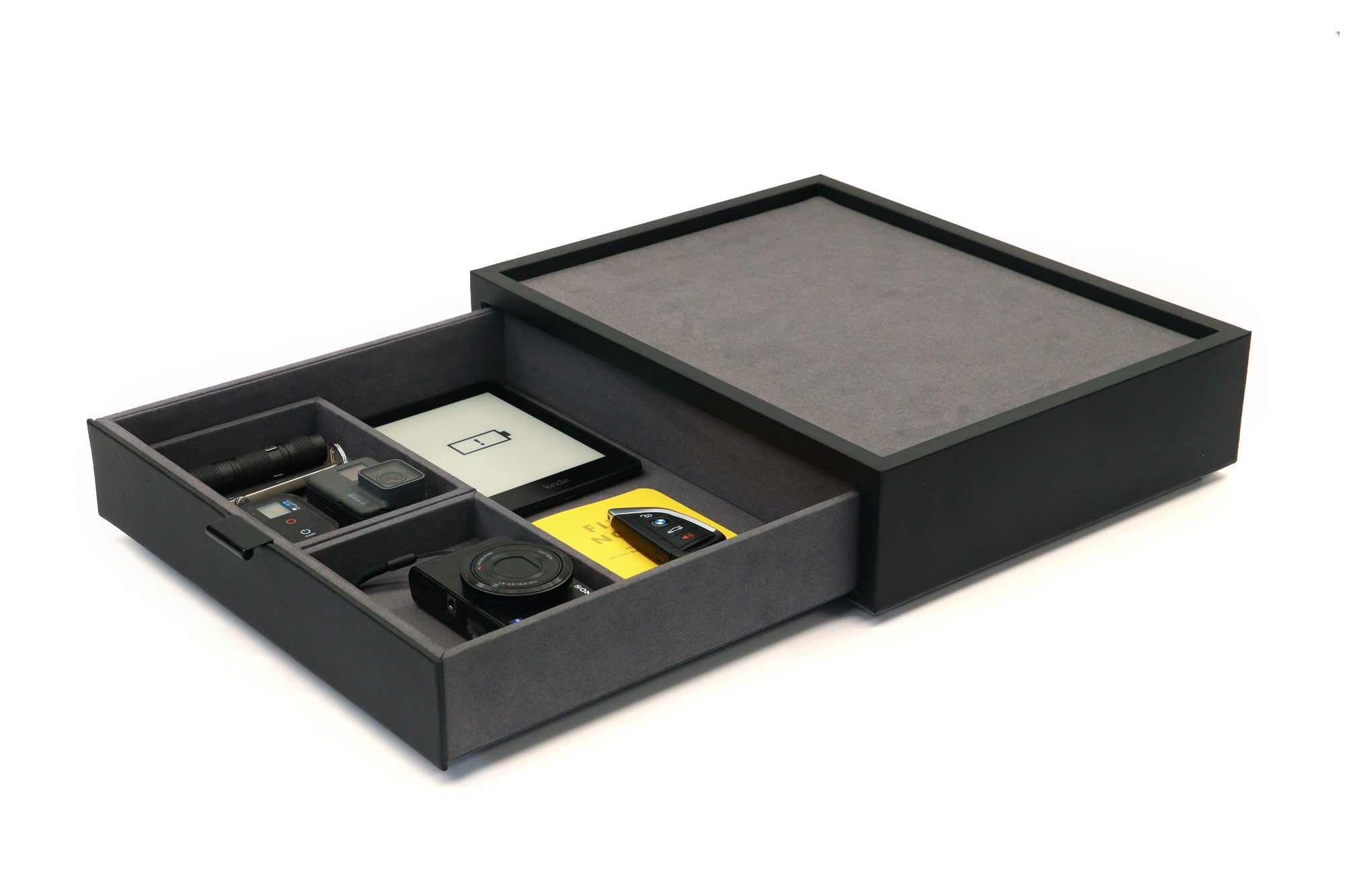 Kaviso Cache Display Valet EDC, Blade, Watch, and Jewelry Locking Storage Case, USB Pass-through, Microfiber Lining, Faux Leather, Stackable (Valet)