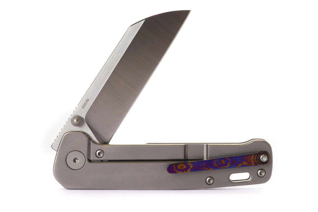 Kaviso x QSP Penguin Silver Titanium S35VN blade steel stonewashed EDC with Mokuti Clip